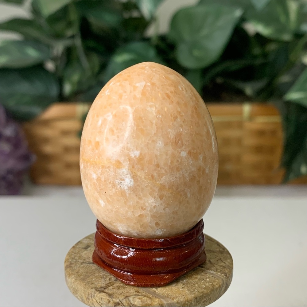 Natural Orange Calcite Egg Polished Crystal Meditation Stone with Wood Stand 2" - Picture 5 of 12